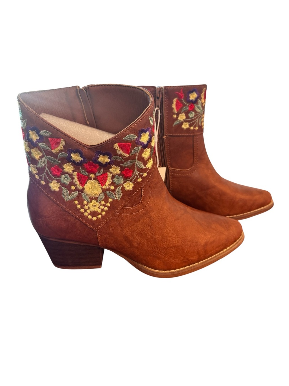 NWT J. Adams Corral Brown Floral Embroidered Ankle Boots - Picture 2 of 13